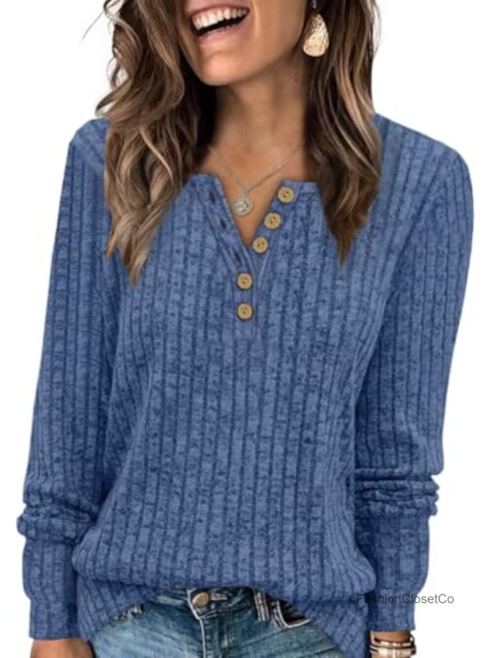 Women's Ribbed Knit V-Neck Henley Pullover Long Sleeve Button Top